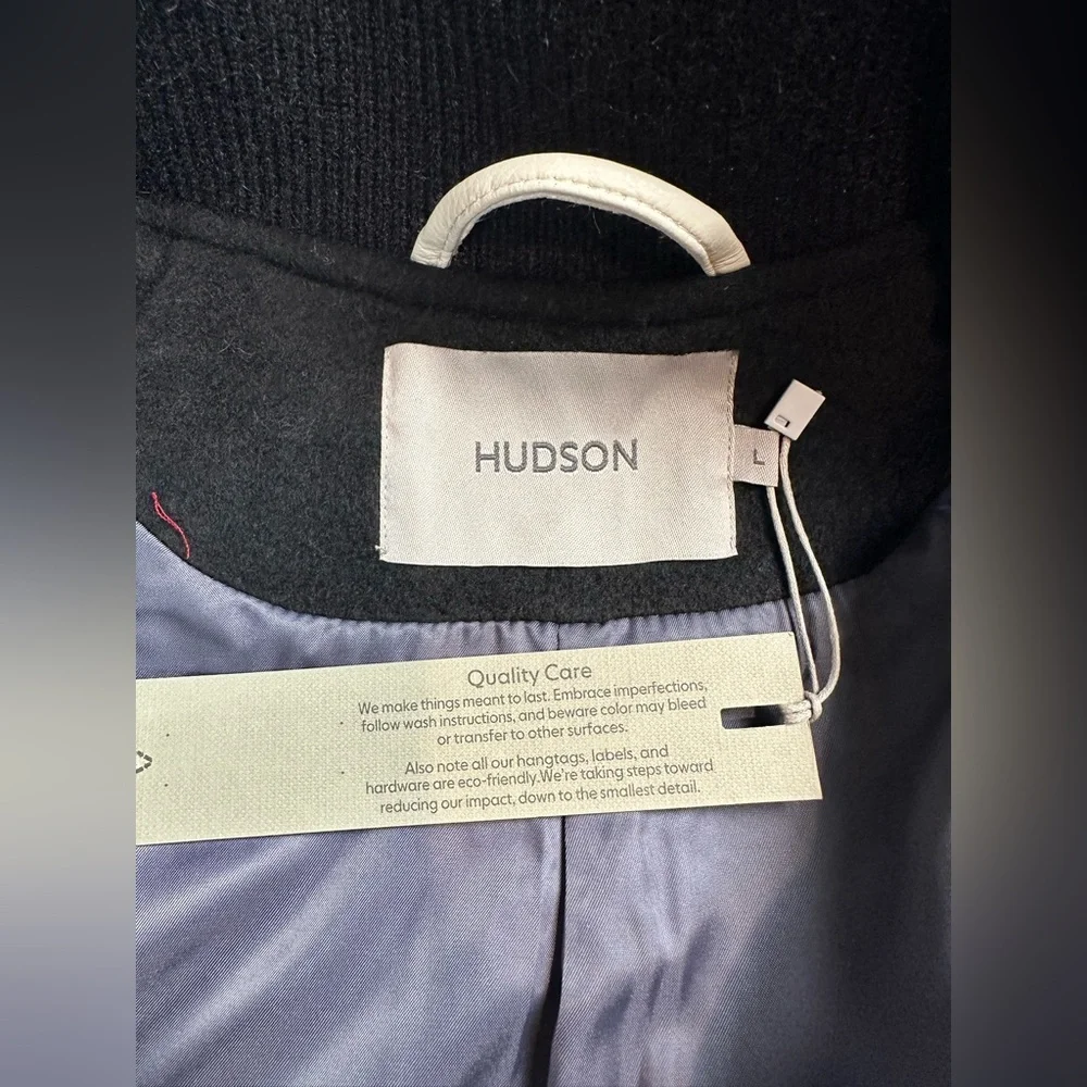 NWT HUDSON Mens Wool Varsity Bomber Jacket Size L Black‎ Ivory Faux Leather $248